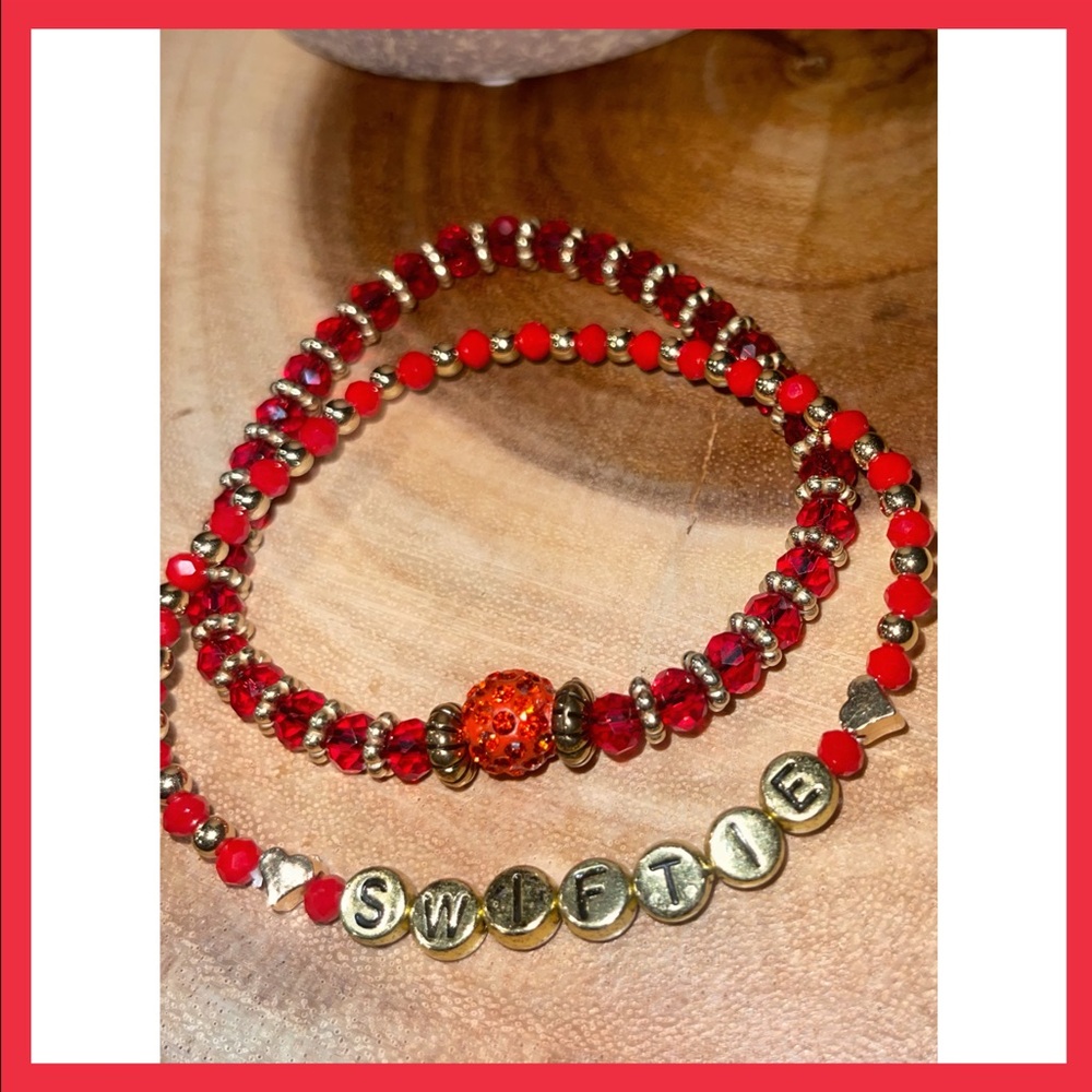 Swiftie Red and Gold elastic Beaded Bracelet Set ( New handmade )